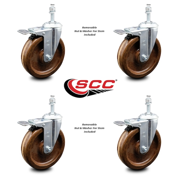 6 Inch High Temp Phenolic Swivel 12mm Stem Caster Set with Total Lock Brake